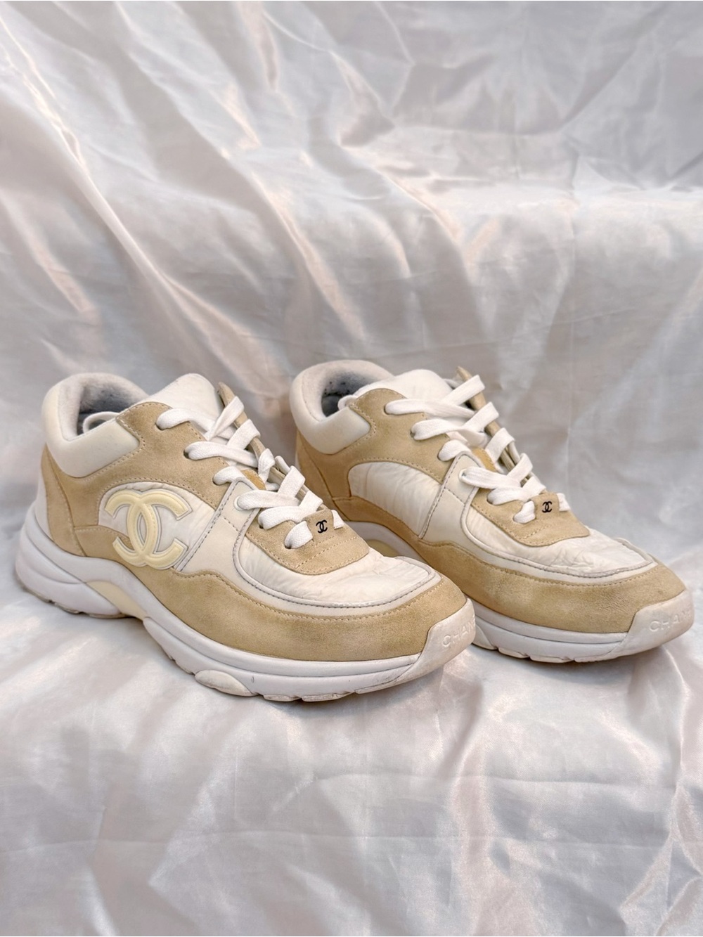 Chanel Beige & White Suede Leather Sneakers